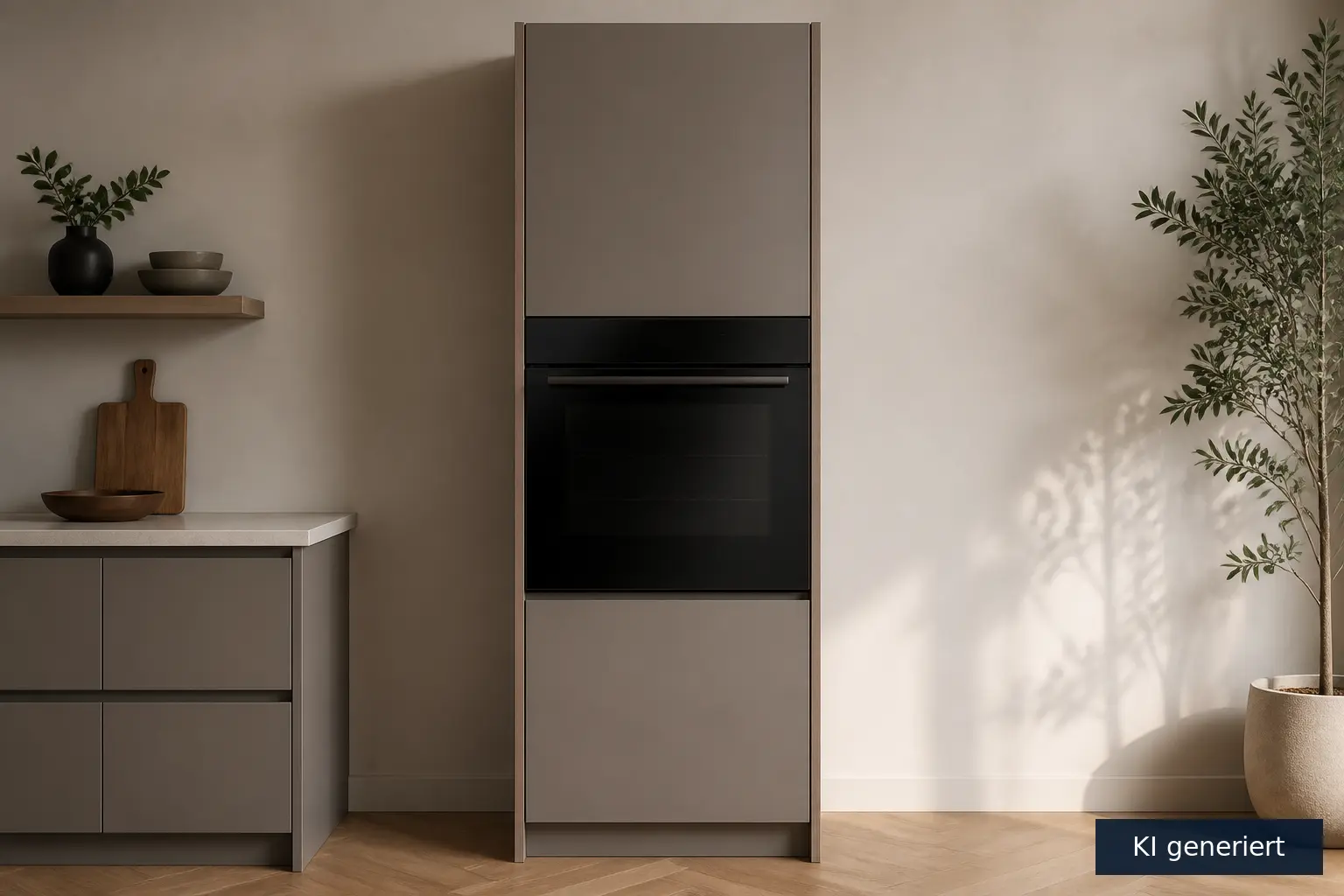 KI-generiertes Motiv zum Thema "Backofen auf Arbeitshöhe: Ergonomie und Stauraum abwägen"