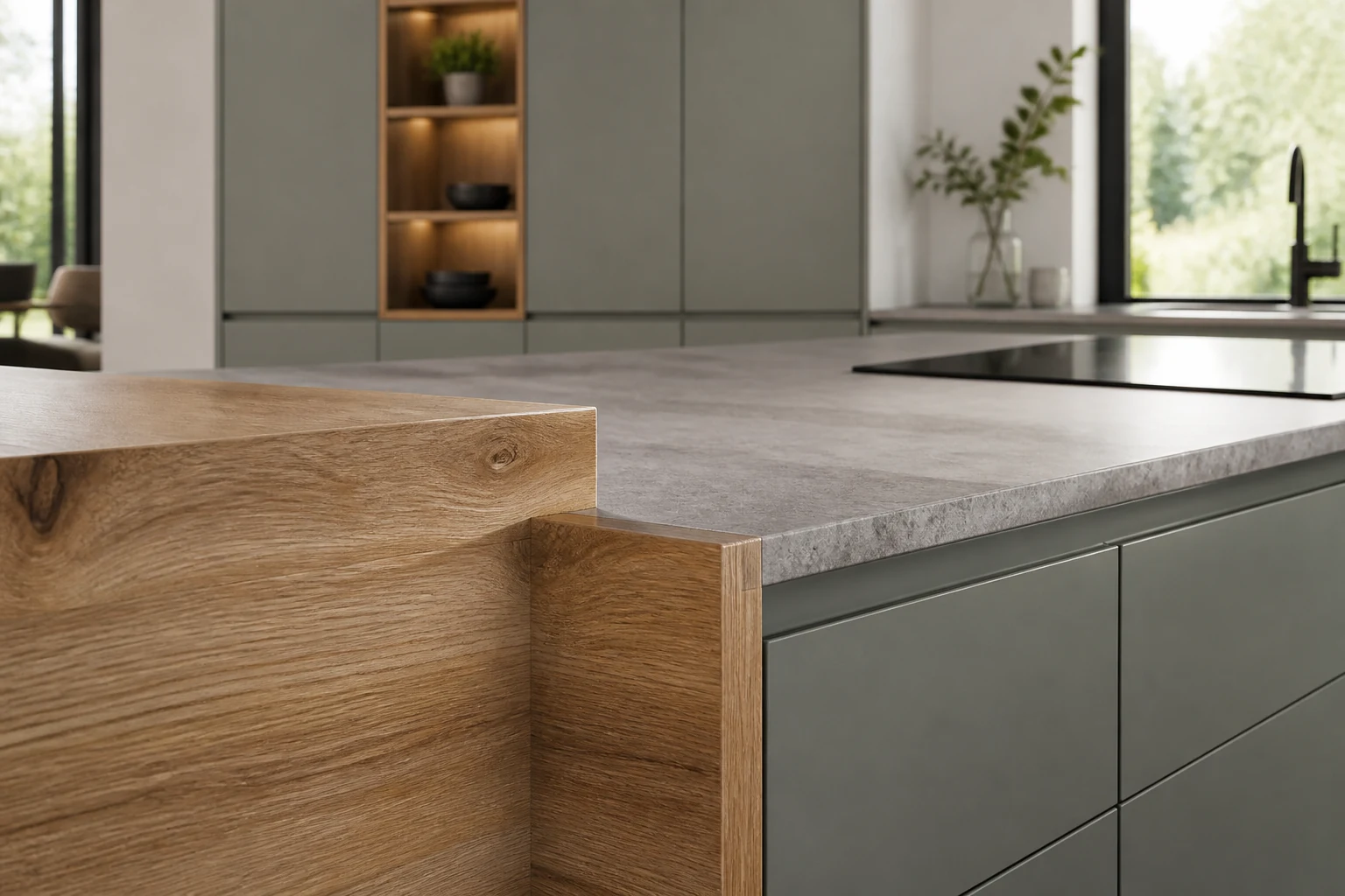 KI-generiertes Motiv zum Thema "Holz in der Küche: Wärme, Maserung und Materialmix"